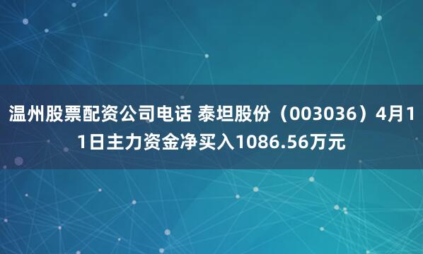 温州股票配资公司电话 泰坦股份（003036）4月11日主力资金净买入1086.56万元